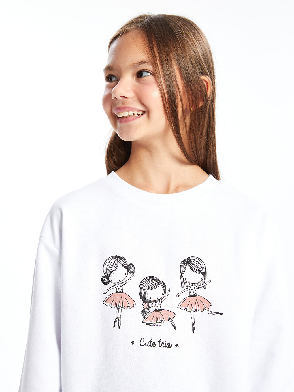 LCW Kids Beyaz Bisiklet Yaka Kız Çocuk Sweatshirt - 1