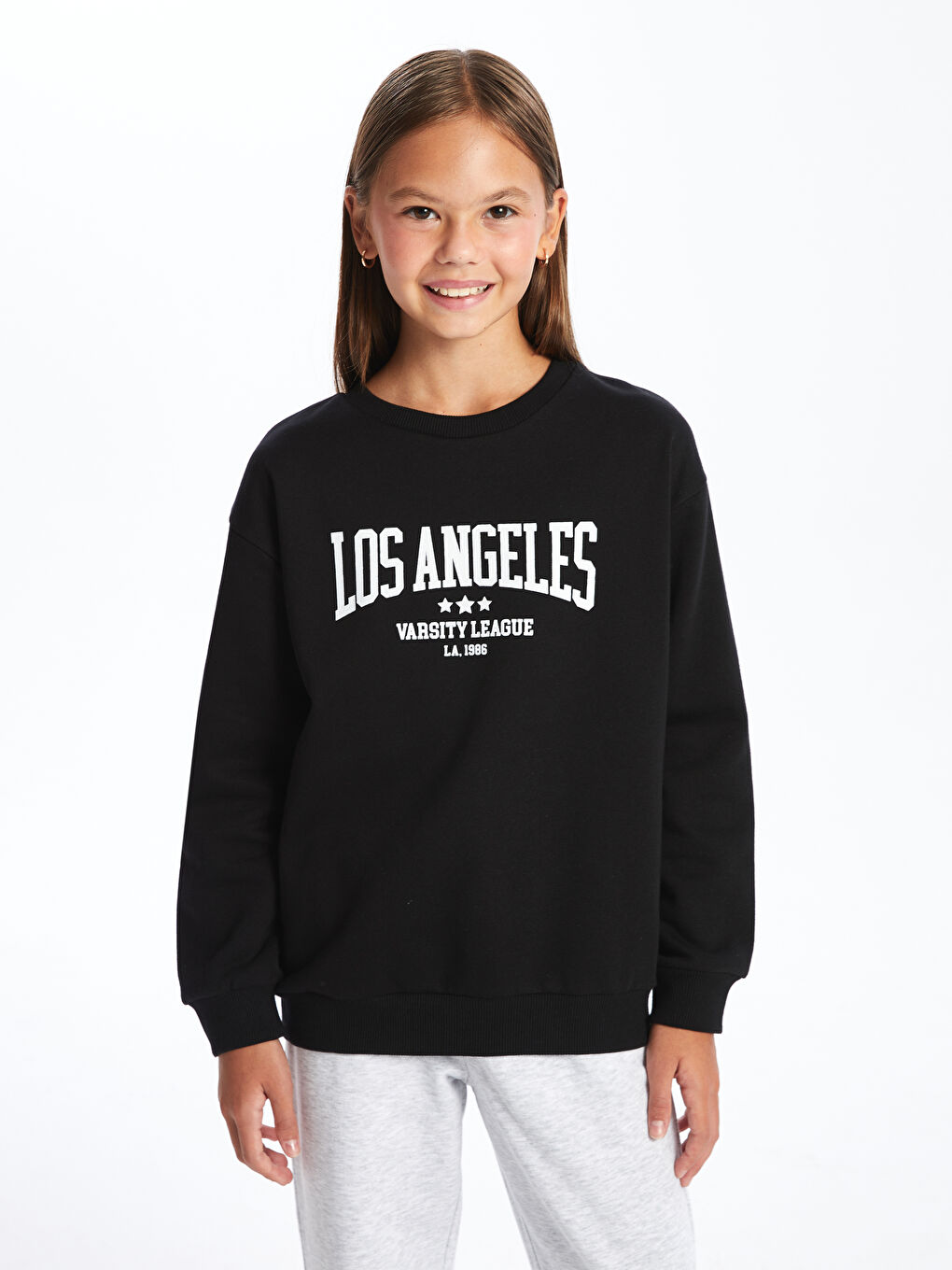 LCW Kids Yeni Siyah Bisiklet Yaka Kız Çocuk Sweatshirt - 1