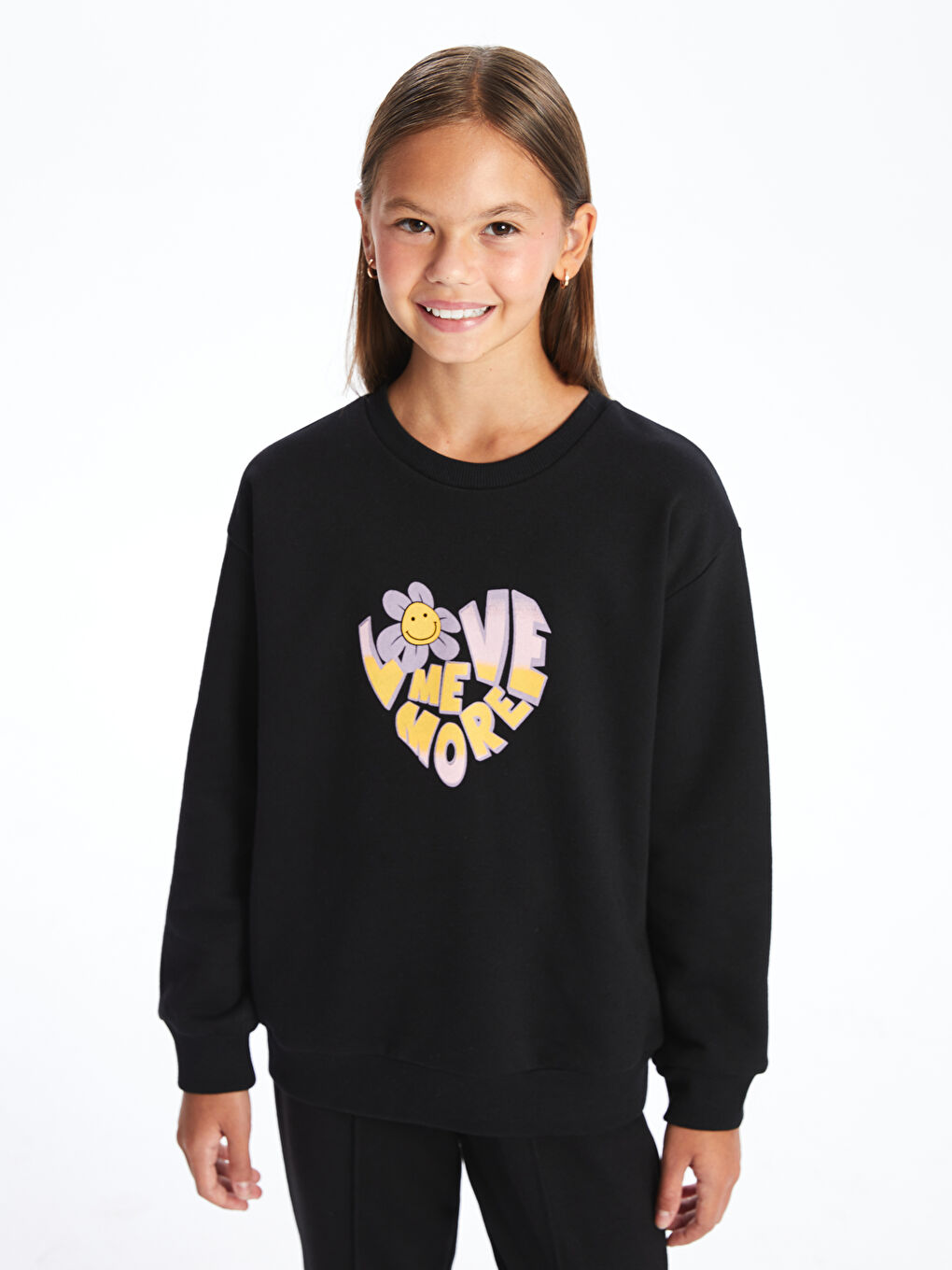 LCW Kids Yeni Siyah Bisiklet Yaka Baskılı Kız Çocuk Sweatshirt