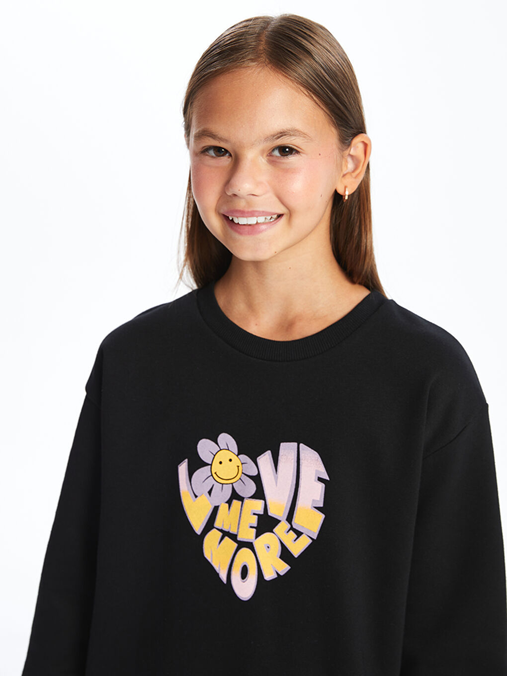 LCW Kids Yeni Siyah Bisiklet Yaka Baskılı Kız Çocuk Sweatshirt - 1