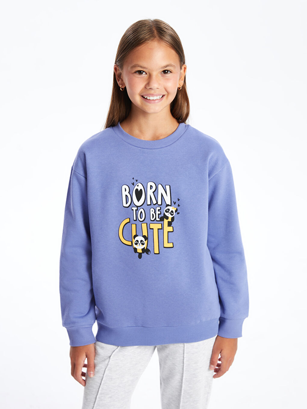 LCW Kids Mat Lila Bisiklet Yaka Baskılı Kız Çocuk Sweatshirt