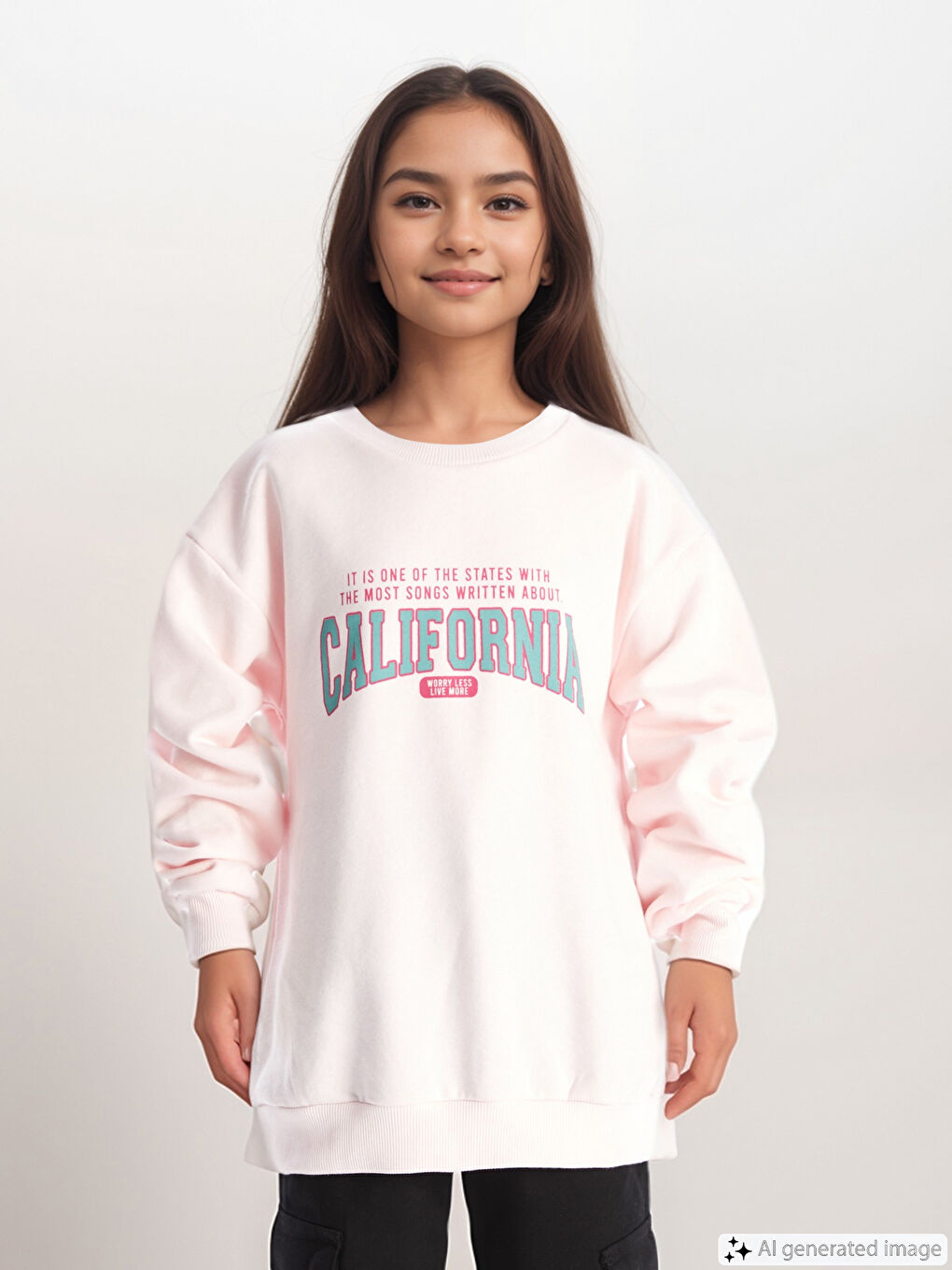 LCW Kids Açık Pembe Bisiklet Yaka Baskılı Kız Çocuk Sweatshirt