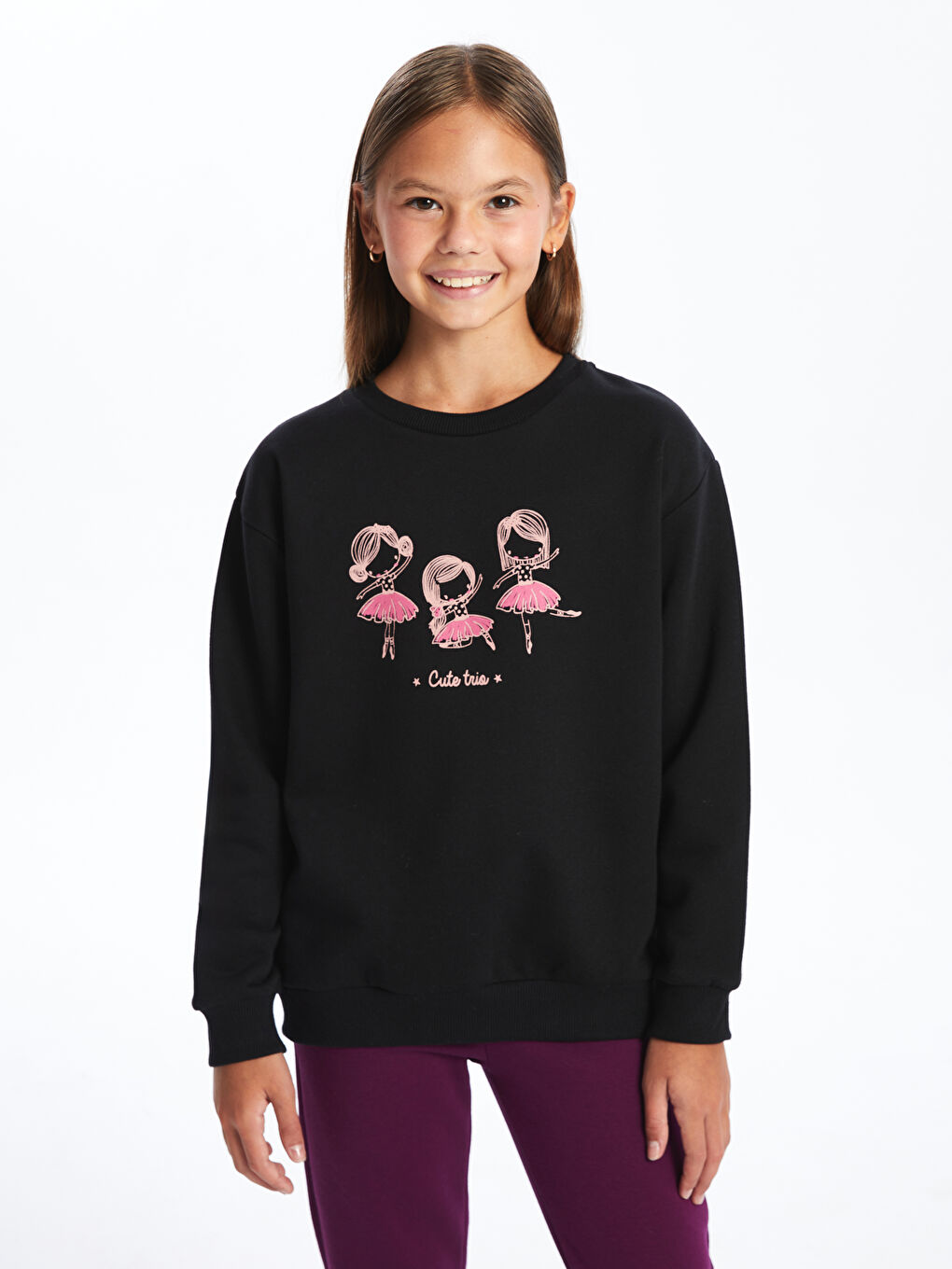 LCW Kids Yeni Siyah Bisiklet Yaka Baskılı Kız Çocuk Sweatshirt