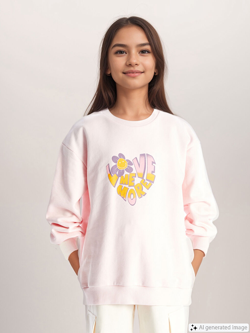 LCW Kids Pembe Bisiklet Yaka Kız Çocuk Sweatshirt