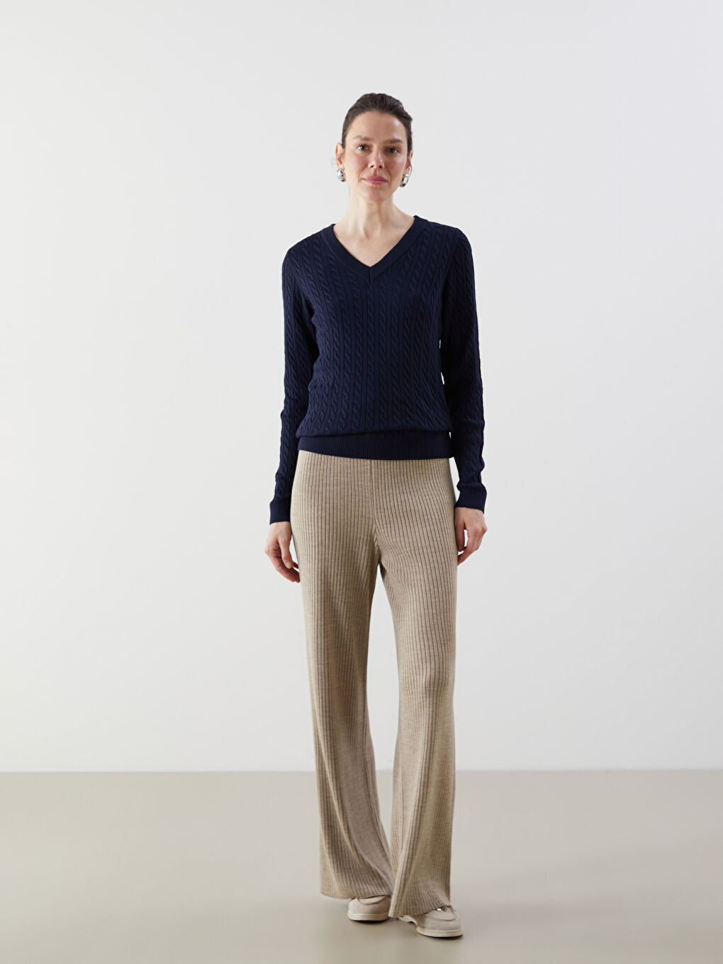 LCW Comfort Bej Beli Lastikli Kadın Triko Pantolon