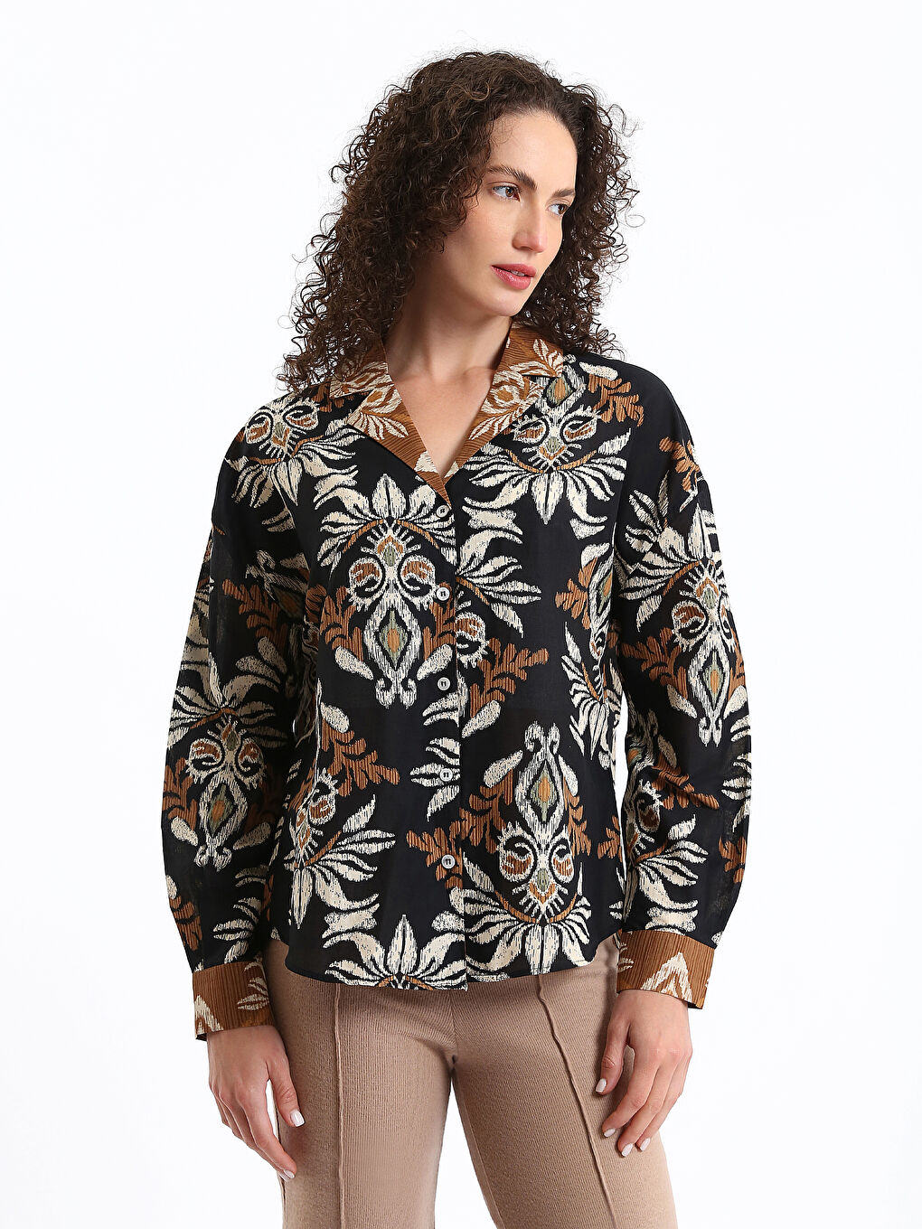 Patterned Long Sleeve Oversize Women's Shirt