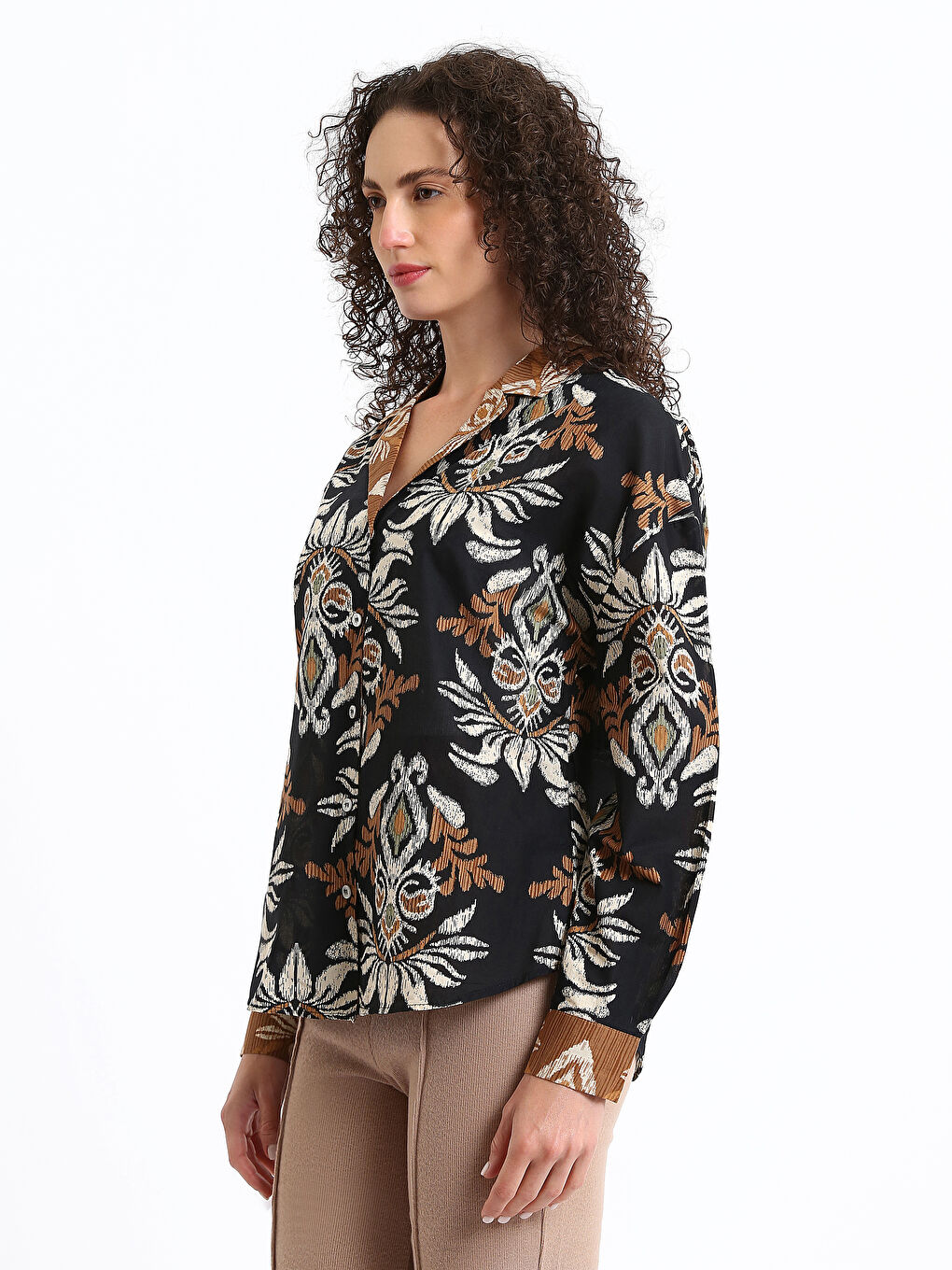 Patterned Long Sleeve Oversize Women's Shirt-3