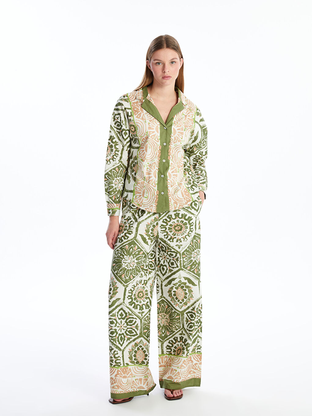 قميص نسائي أوفراسايز كم طويل منقوش-2