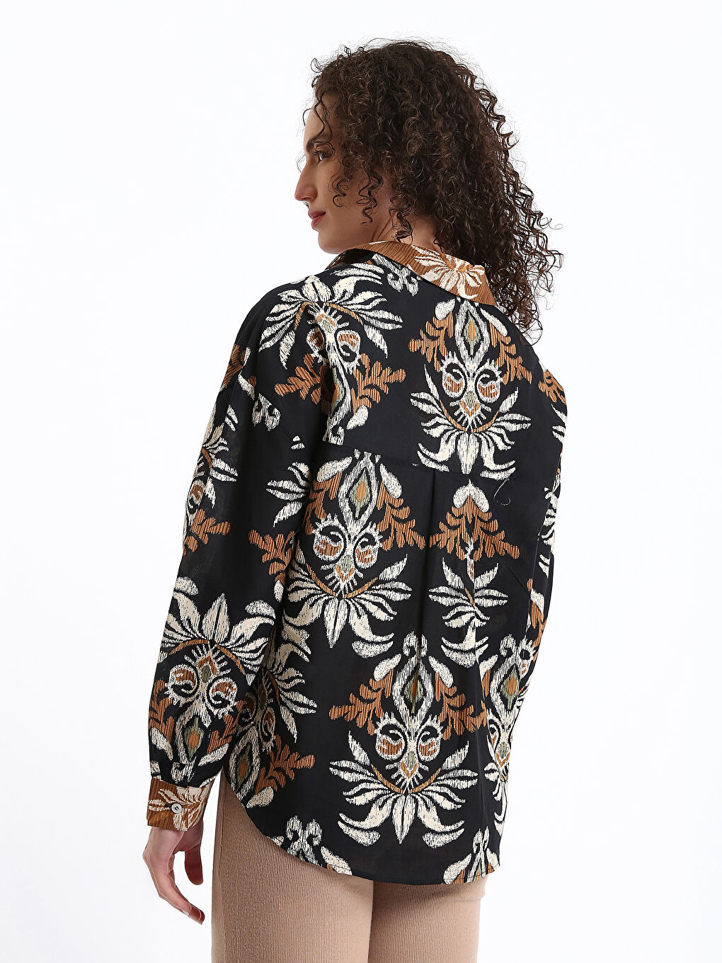 Patterned Long Sleeve Oversize Women's Shirt-4