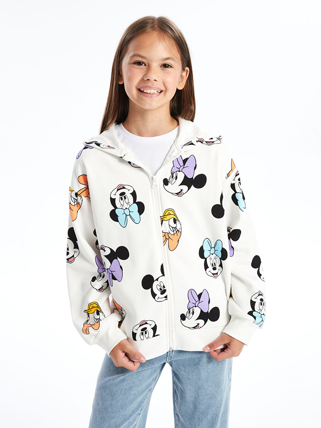 LCW Kids Ekru Baskılı Kapüşonlu Minnie Mouse Baskılı Uzun Kollu Kız Çocuk Fermuarlı Sweatshirt