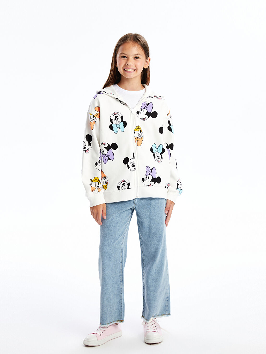 LCW Kids Ekru Baskılı Kapüşonlu Minnie Mouse Baskılı Uzun Kollu Kız Çocuk Fermuarlı Sweatshirt - 1