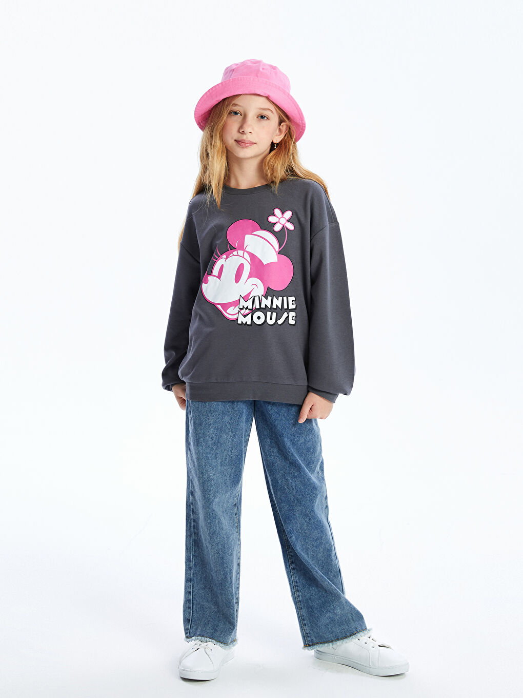 LCW Kids Gri Bisiklet Yaka Minnie Mouse Baskılı Uzun Kollu Kız Çocuk Sweatshirt - 1