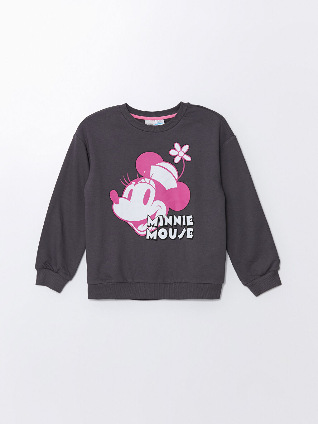 LCW Kids Koyu Gri Bisiklet Yaka Minnie Mouse Baskılı Uzun Kollu Kız Çocuk Sweatshirt