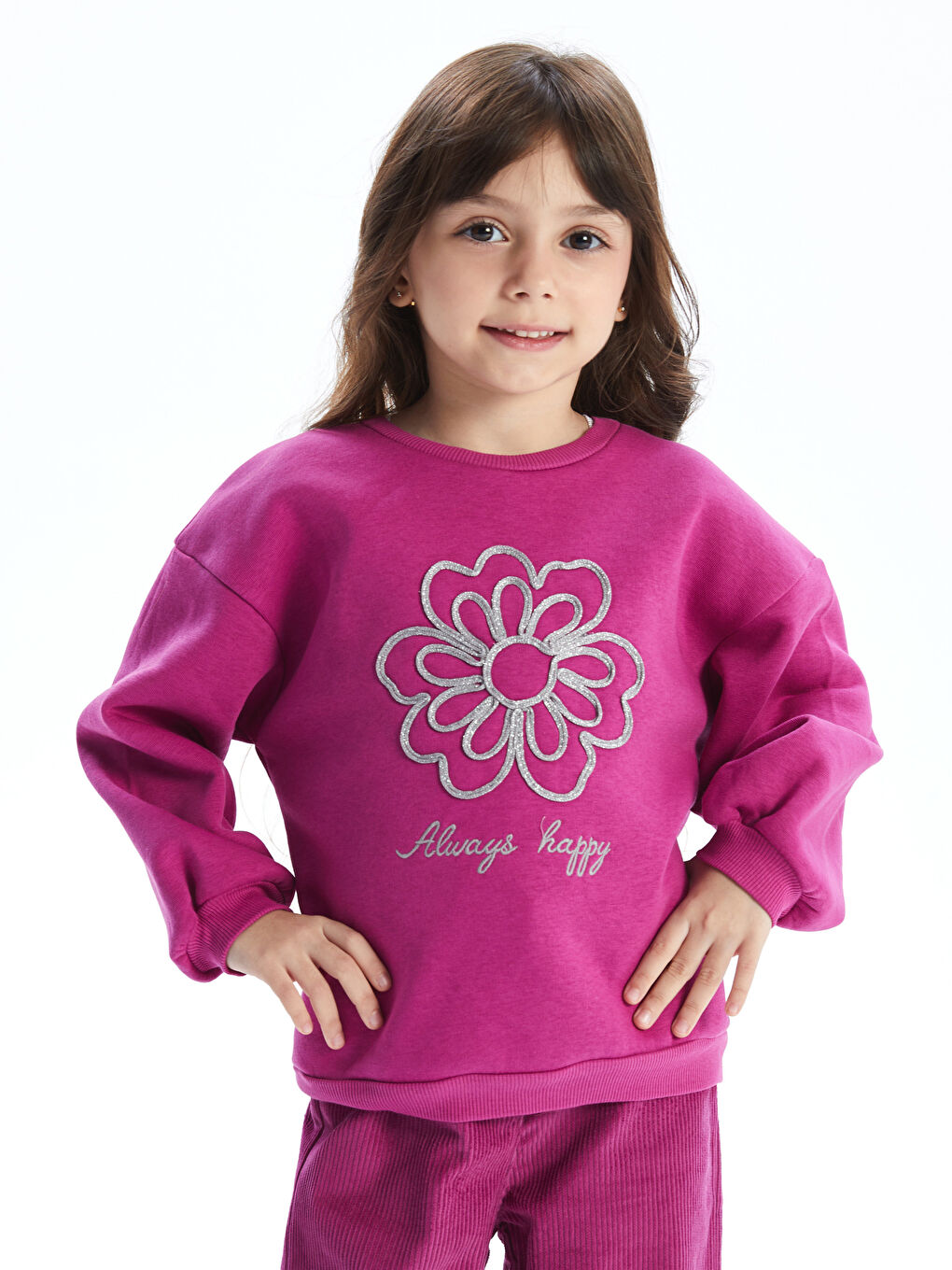 LCW Kids Суитшърт за момичета с цветя и кръгло деколте, плътен -W4IP14Z1-GZ7