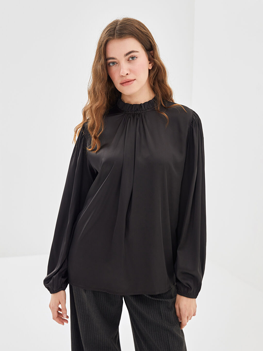 Ruffled Funnel Neck Women's Blouse