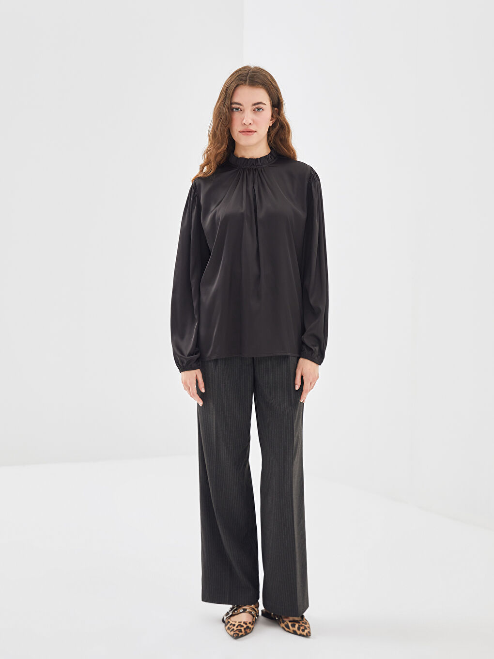 Ruffled Funnel Neck Women's Blouse-1