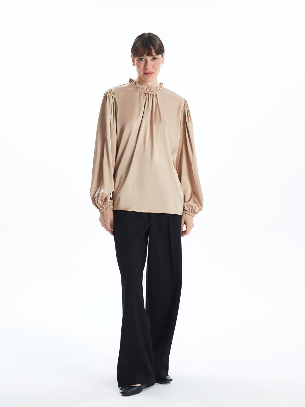 Ruffled Funnel Neck Women's Blouse-1