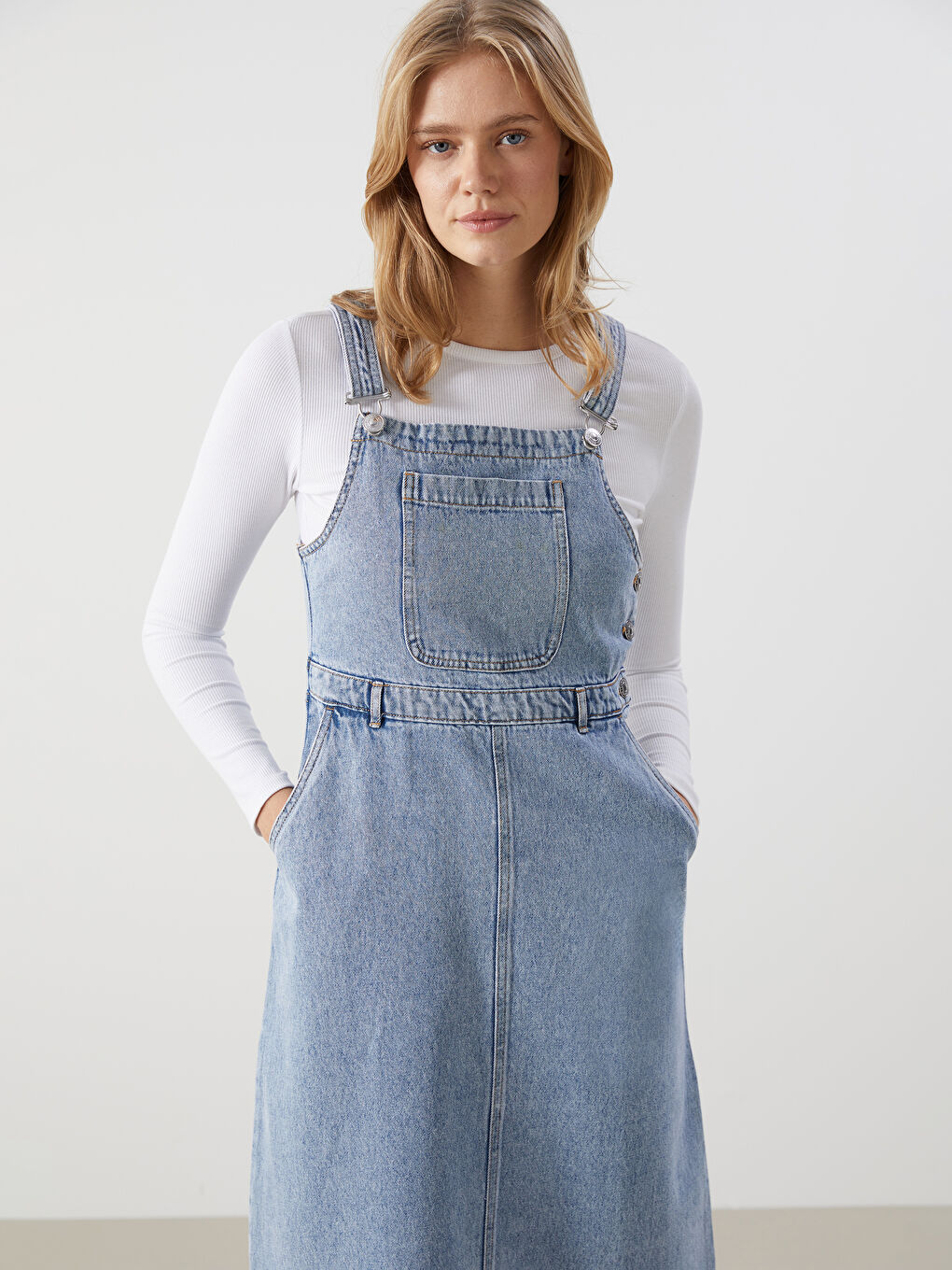 LCW Modest Kare Yaka Kadın Jean Salopet Elbise -S57865Z8-311