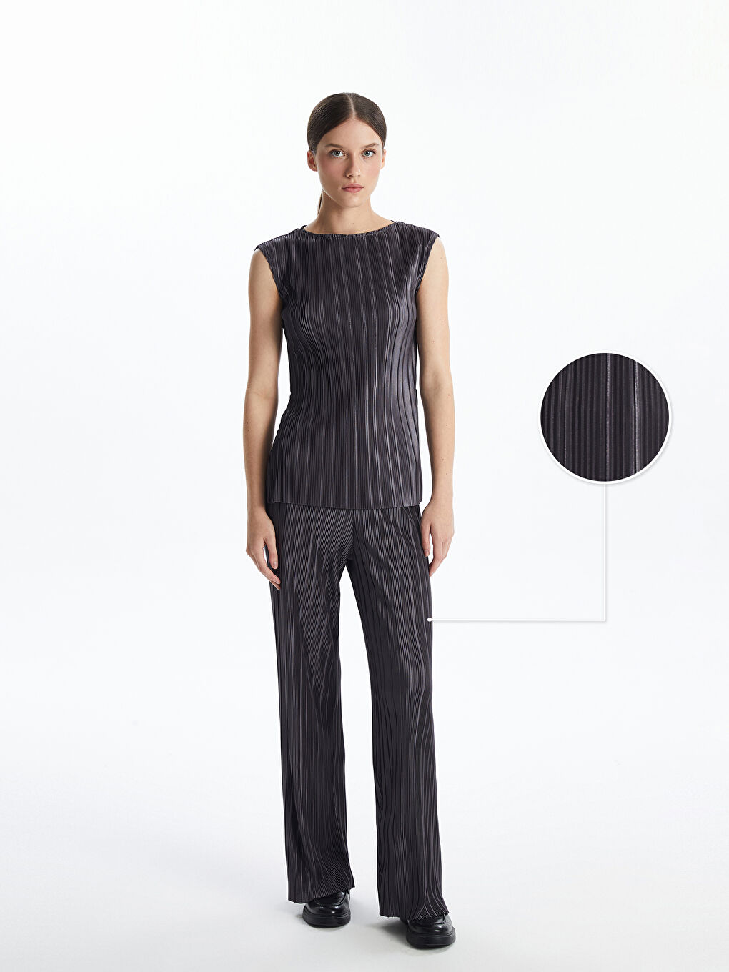 Antrasit Beli Lastikli Dokulu Kadın Pantolon