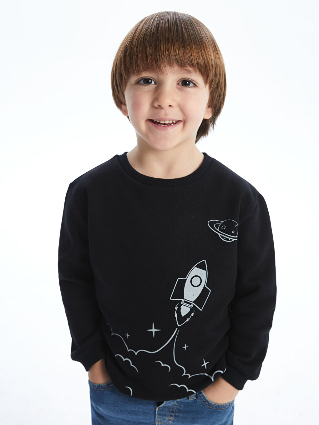 Siyah Bisiklet Yaka Baskılı Erkek Bebek Sweatshirt