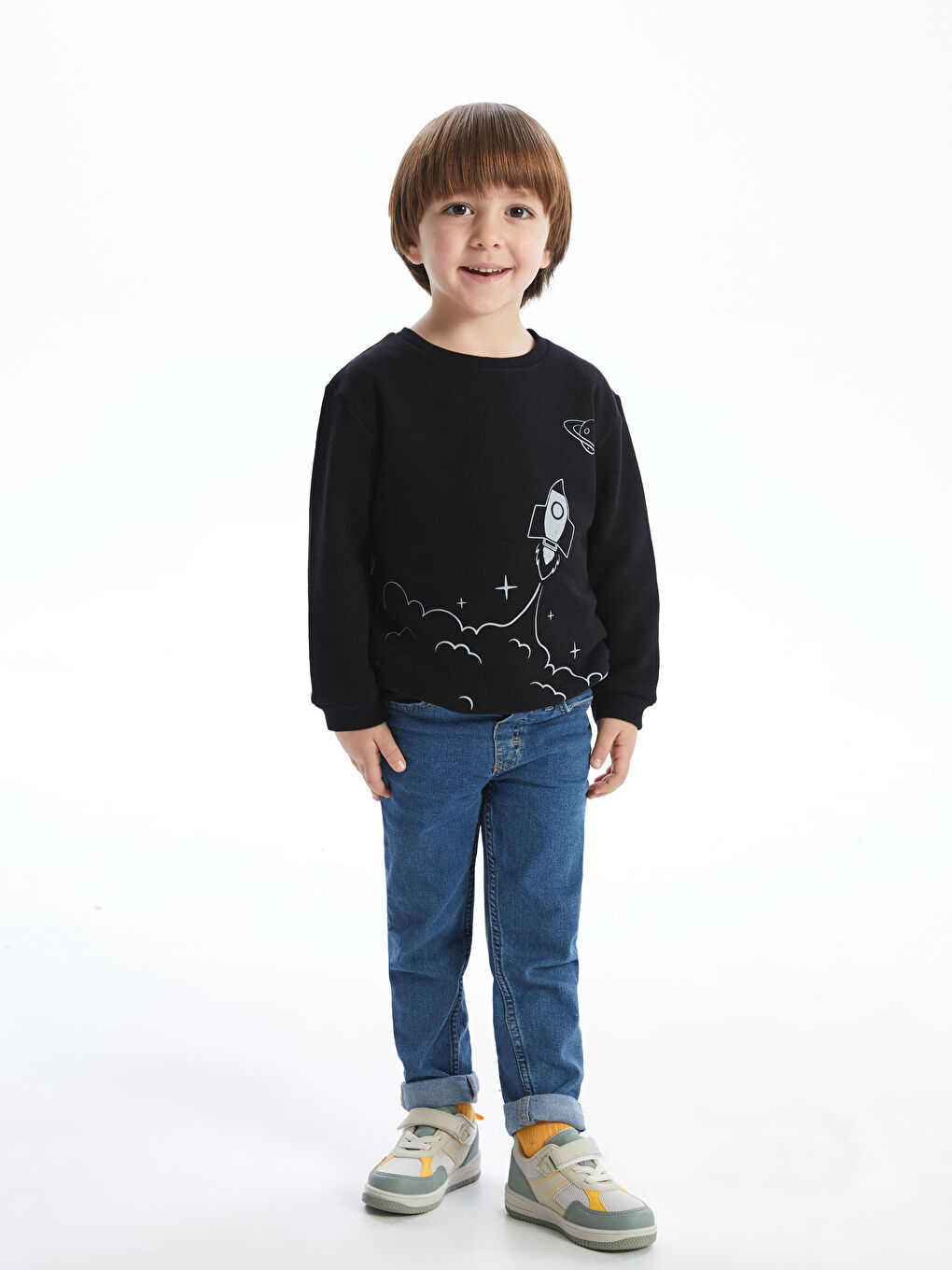 Siyah Bisiklet Yaka Baskılı Erkek Bebek Sweatshirt-1