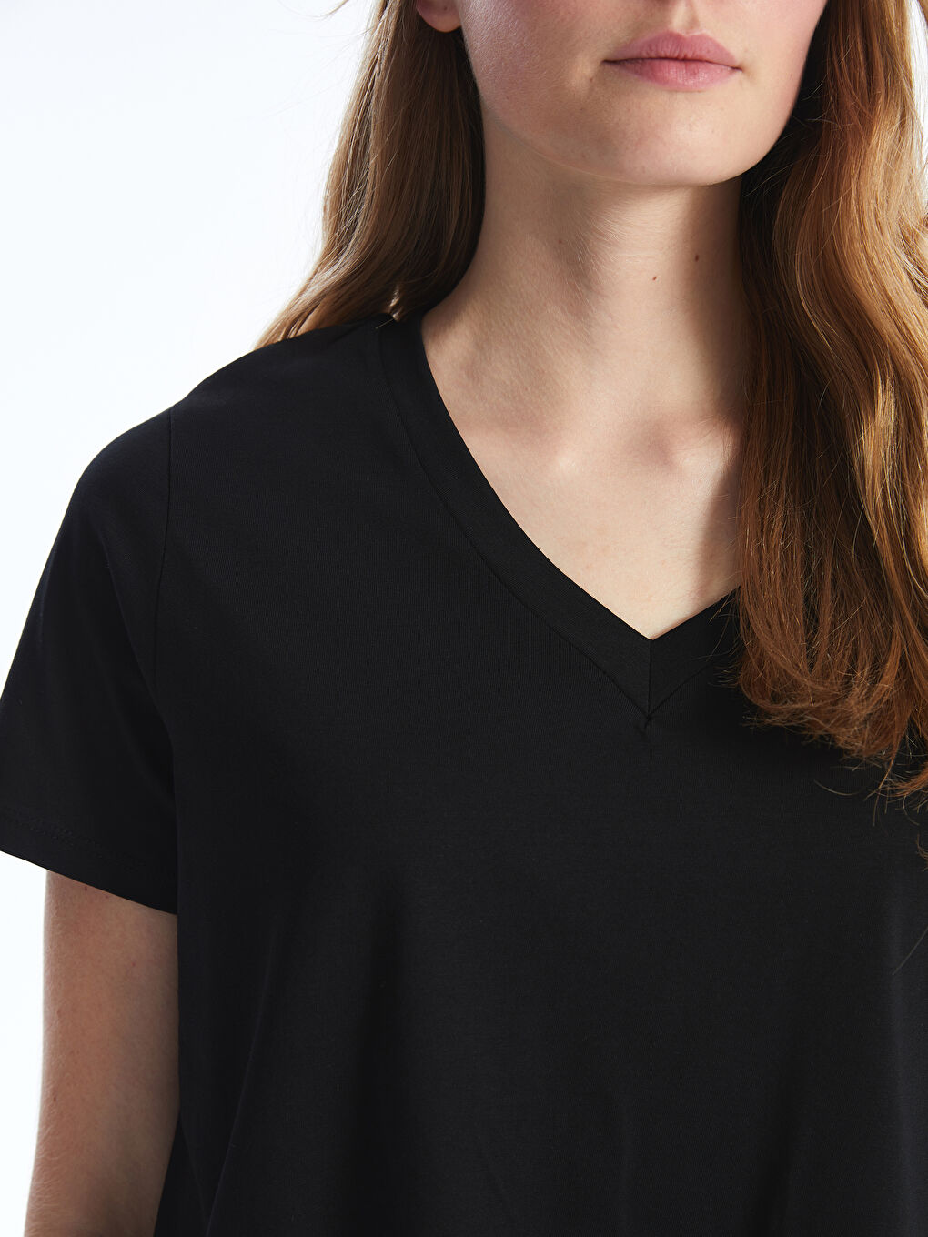 V-Neck Plain Short Sleeve Women's T-Shirt-2