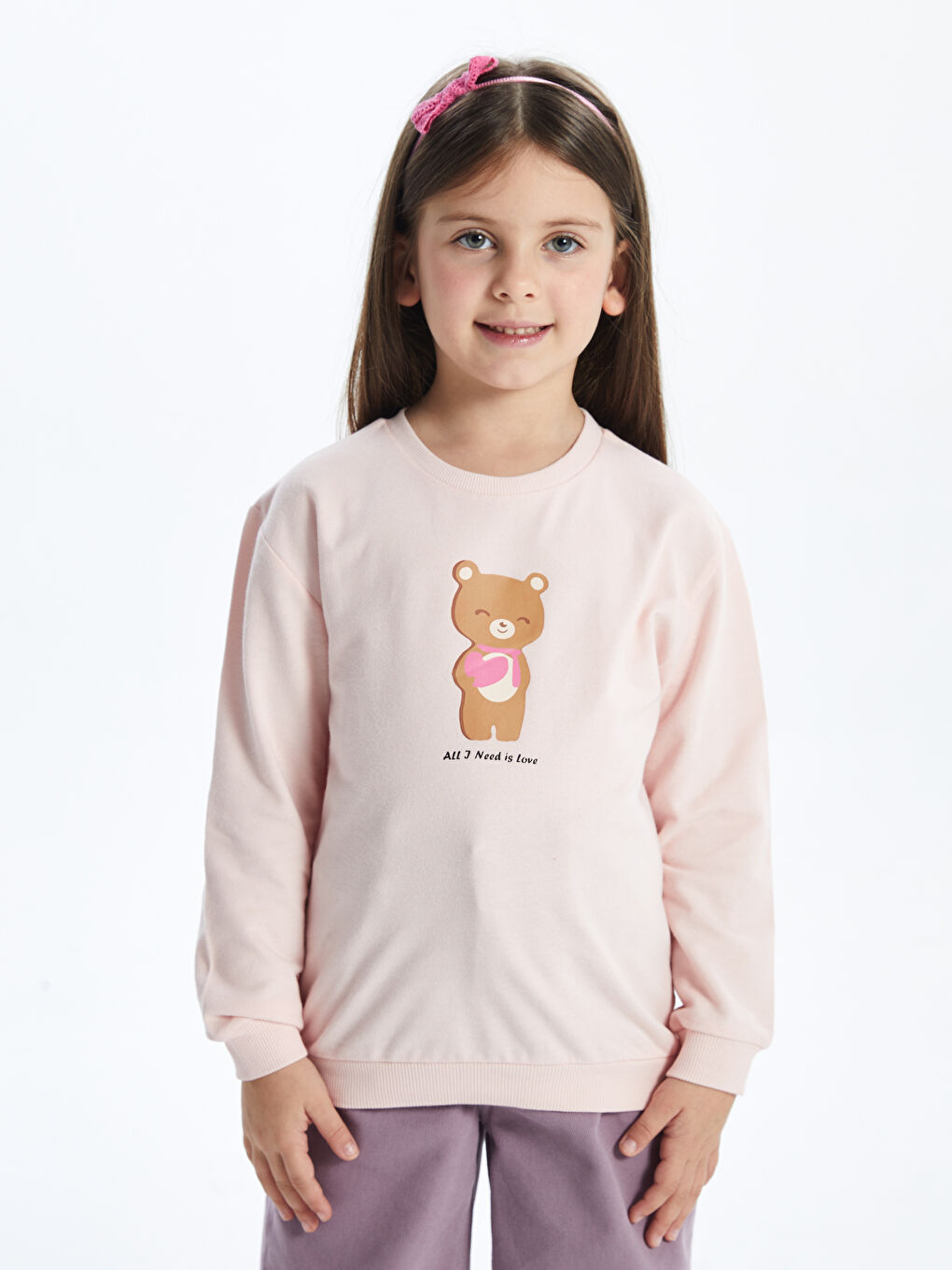 LCW Kids Ekru Bisiklet Yaka Uzun Kollu Baskılı Kız Bebek Sweatshirt