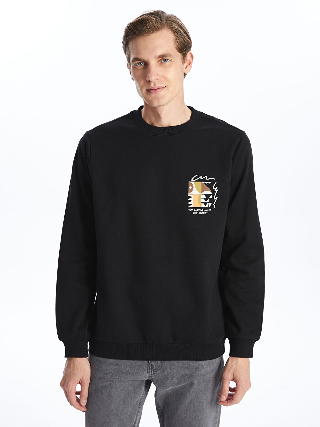 LCW ECO Siyah Bisiklet Yaka Uzun Kollu Baskılı Erkek Kalın Sweatshirt