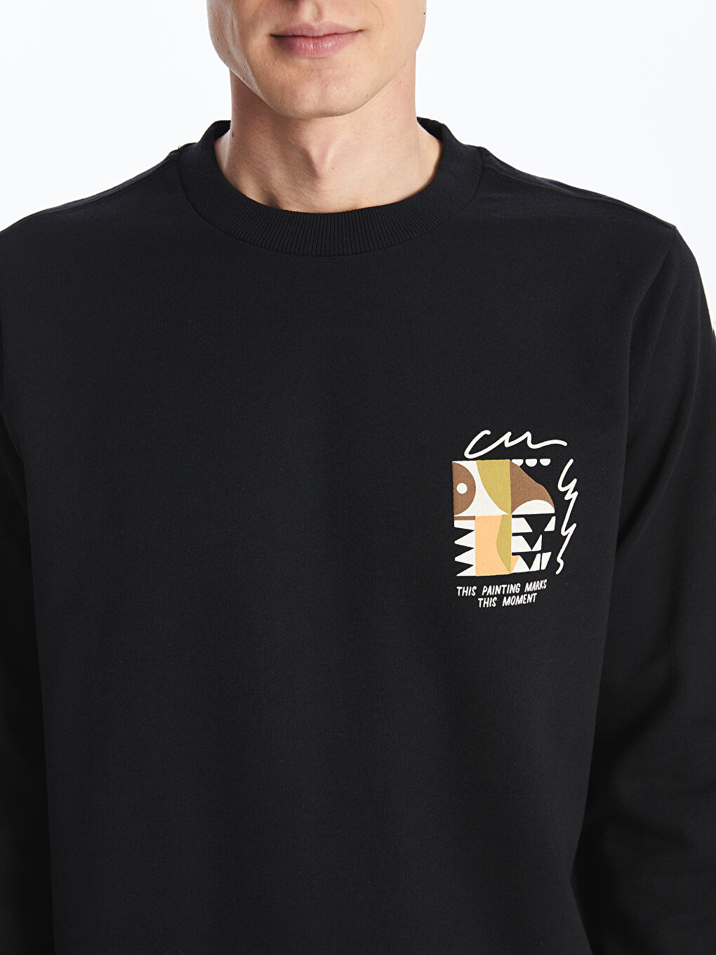 LCW ECO Siyah Bisiklet Yaka Uzun Kollu Baskılı Erkek Kalın Sweatshirt - 2