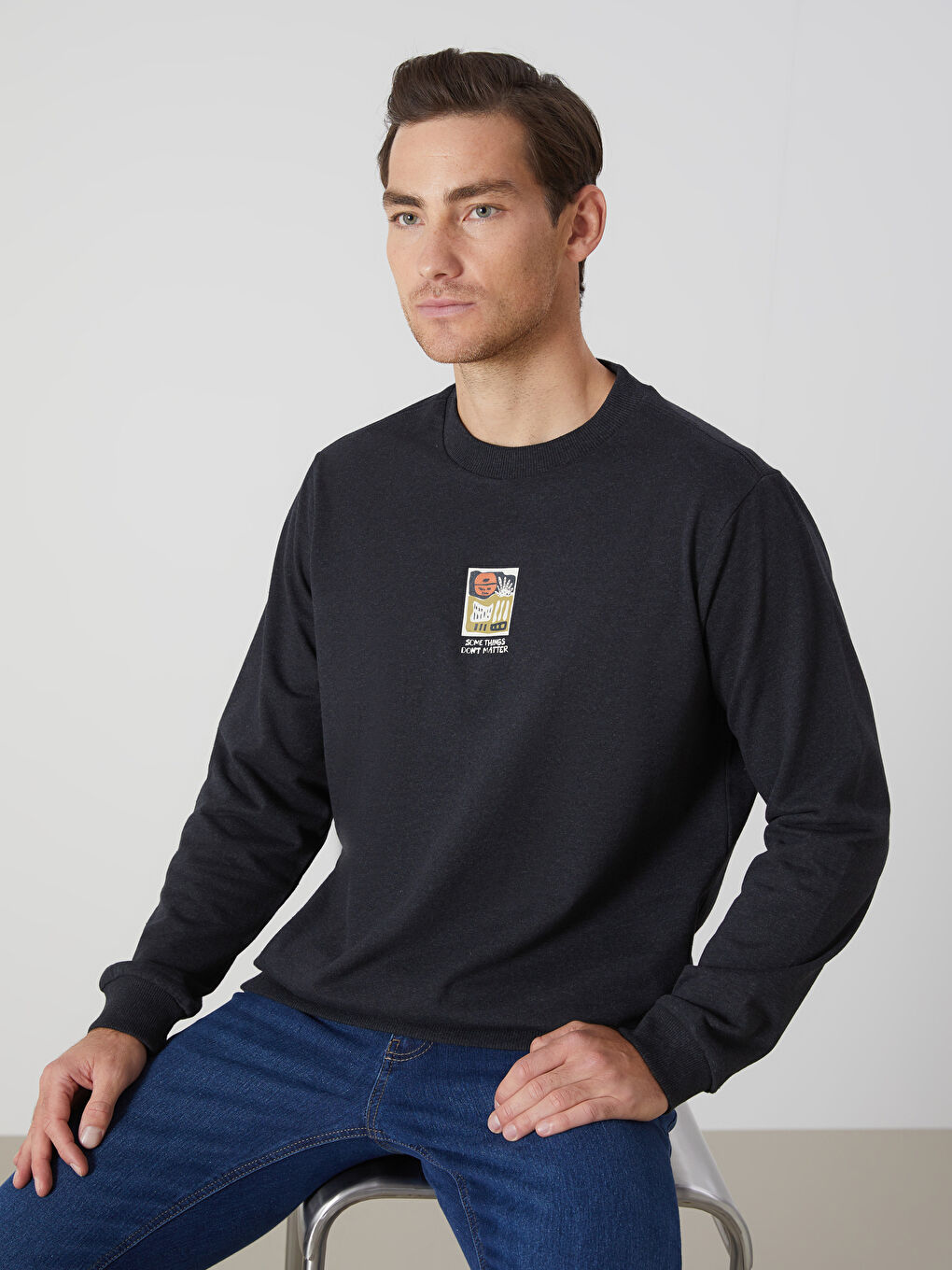 Antrasit Bisiklet Yaka Baskılı Erkek Kalın Sweatshirt