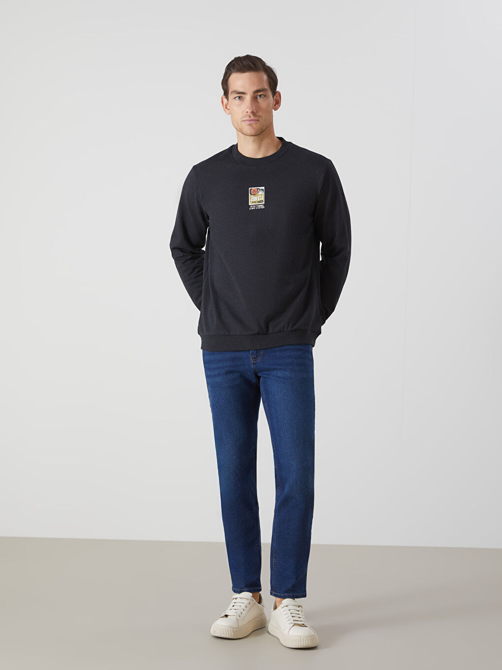 Antrasit Bisiklet Yaka Baskılı Erkek Kalın Sweatshirt-1