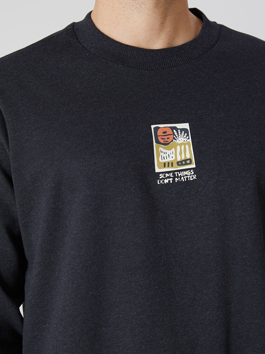 Antrasit Bisiklet Yaka Baskılı Erkek Kalın Sweatshirt-2