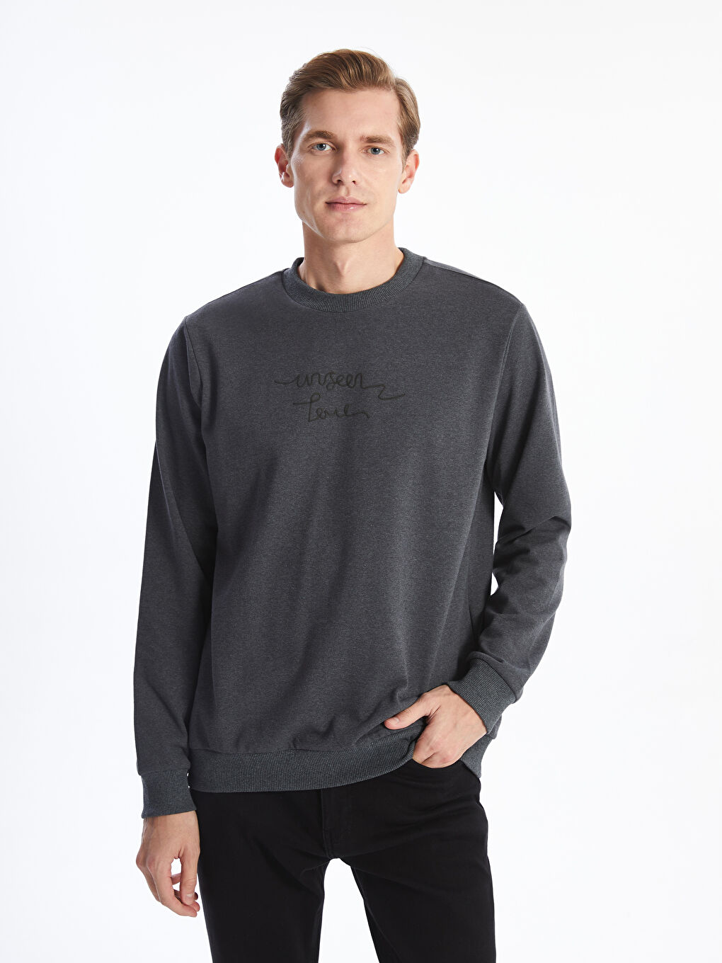 LCW ECO Koyu Gri Melanj Bisiklet Yaka Uzun Kollu Baskılı Erkek Sweatshirt