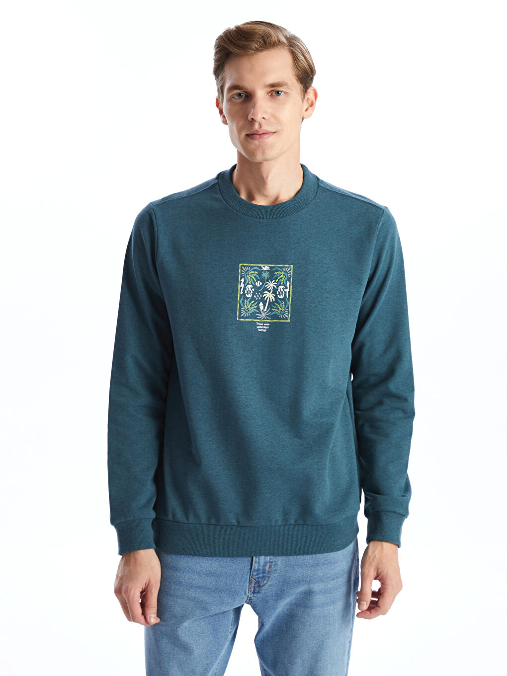 LCW ECO Petrol Bisiklet Yaka Uzun Kollu Baskılı Erkek Sweatshirt