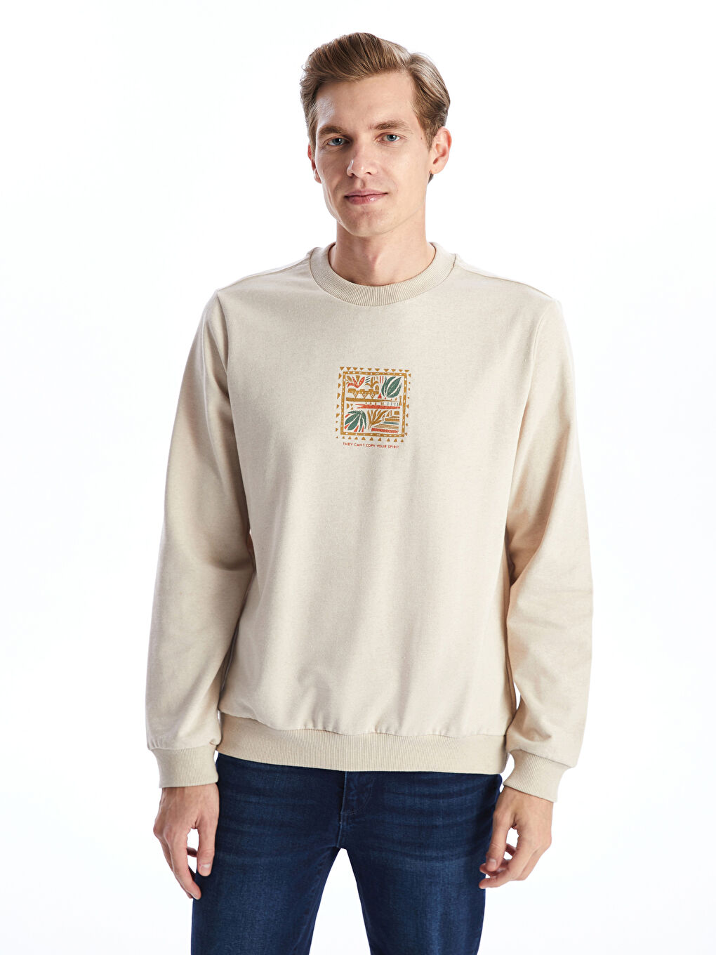 LCW ECO Açık Bej Bisiklet Yaka Uzun Kollu Baskılı Erkek Sweatshirt