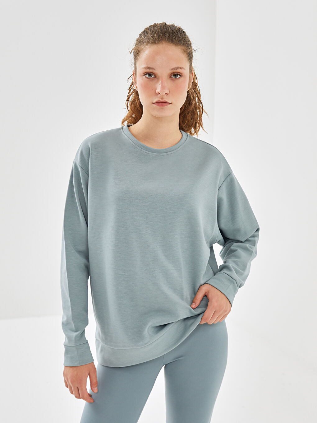 XSIDE ACTIVE Mat Yeşil Bisiklet Yaka Oversize Kadın Sweatshirt