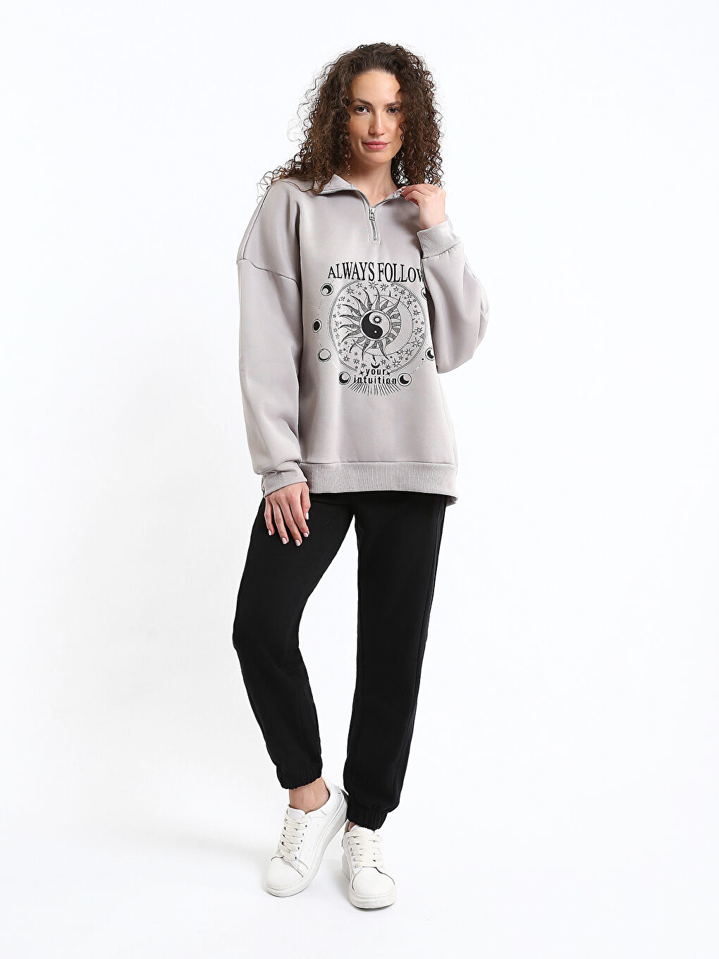 Funnel Neck Printed Oversize Women's Thick Sweatshirt-1
