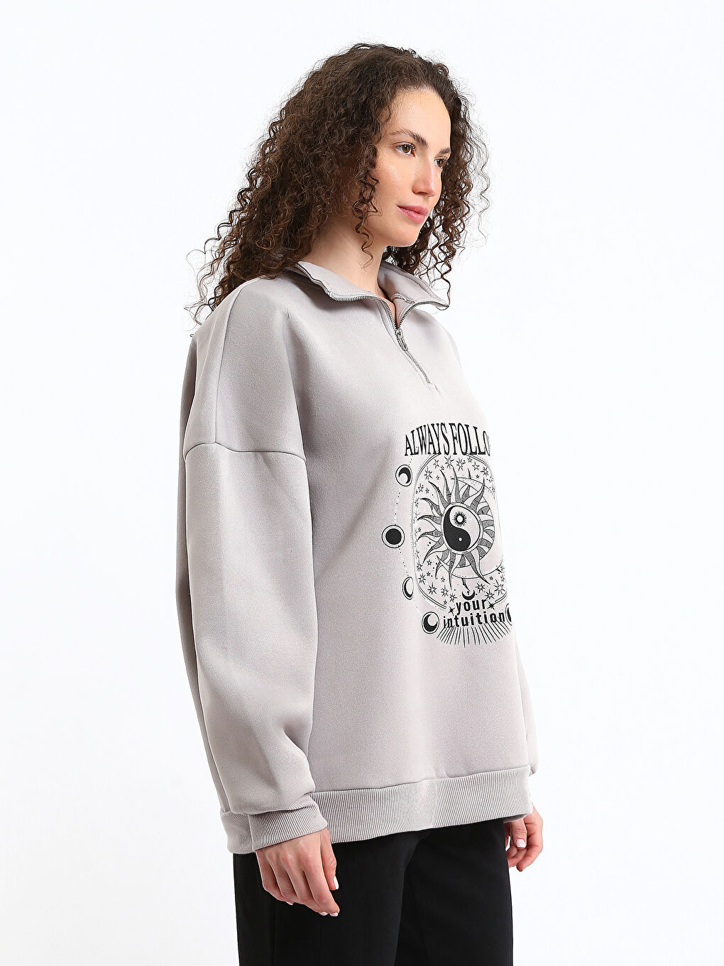 Funnel Neck Printed Oversize Women's Thick Sweatshirt-3
