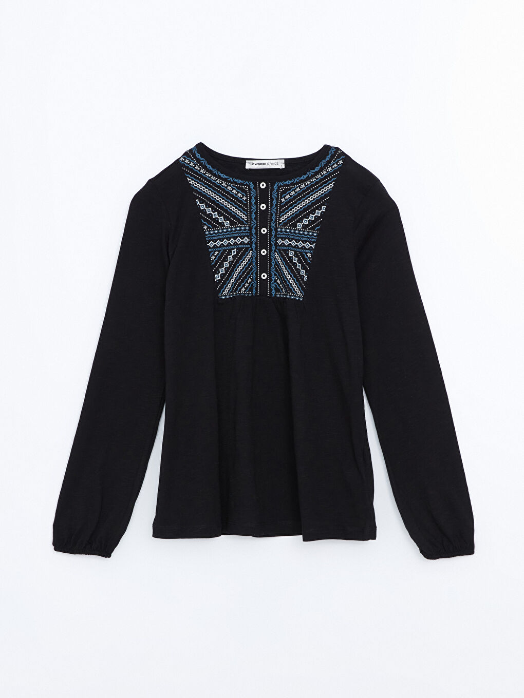 Crew Neck Embroidered Long Sleeve Women's Blouse