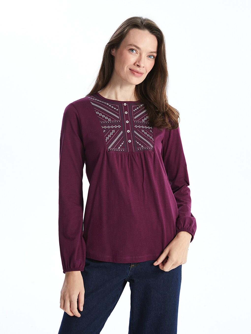Crew Neck Embroidered Long Sleeve Women's Blouse