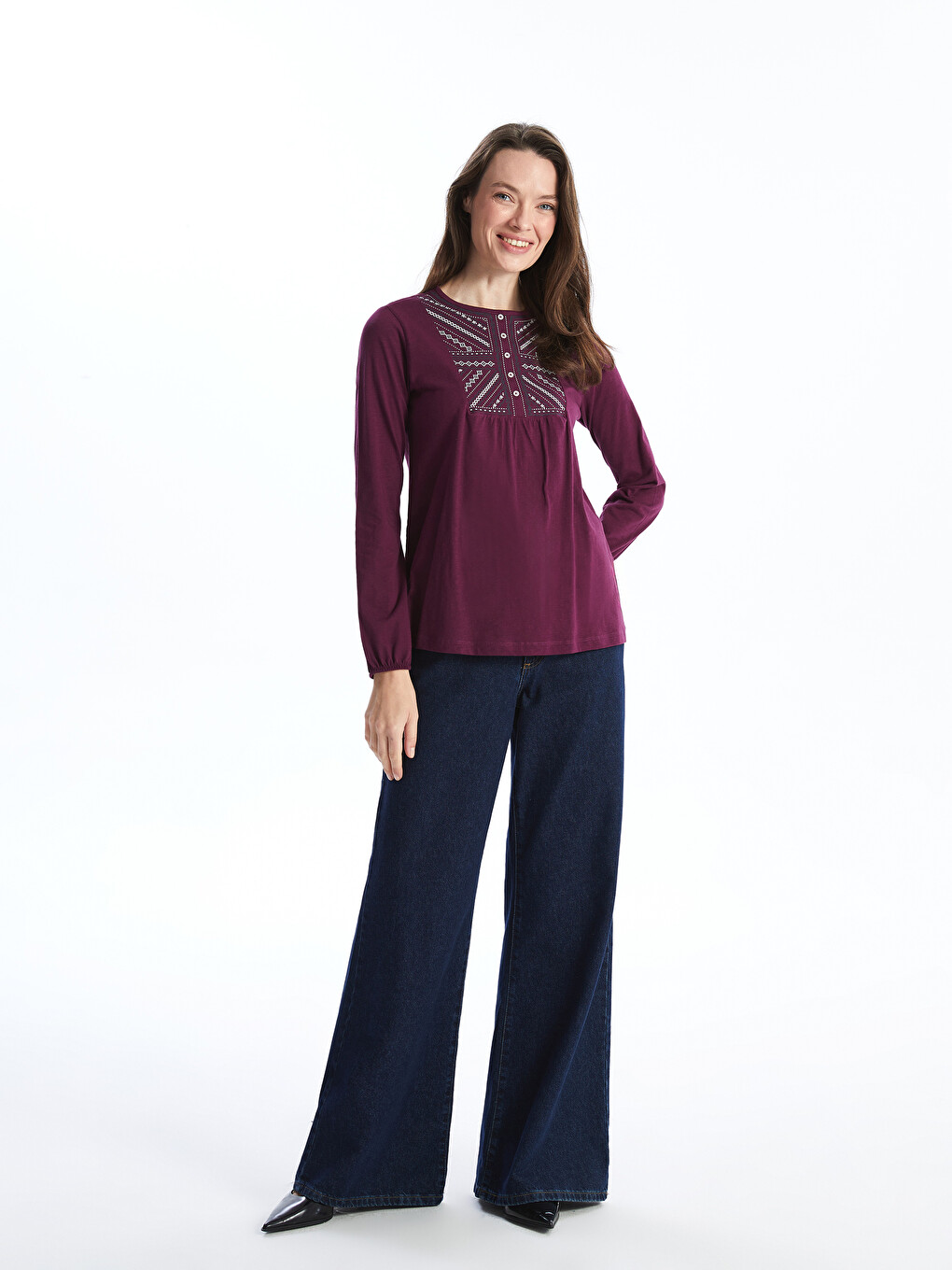 Crew Neck Embroidered Long Sleeve Women's Blouse-1