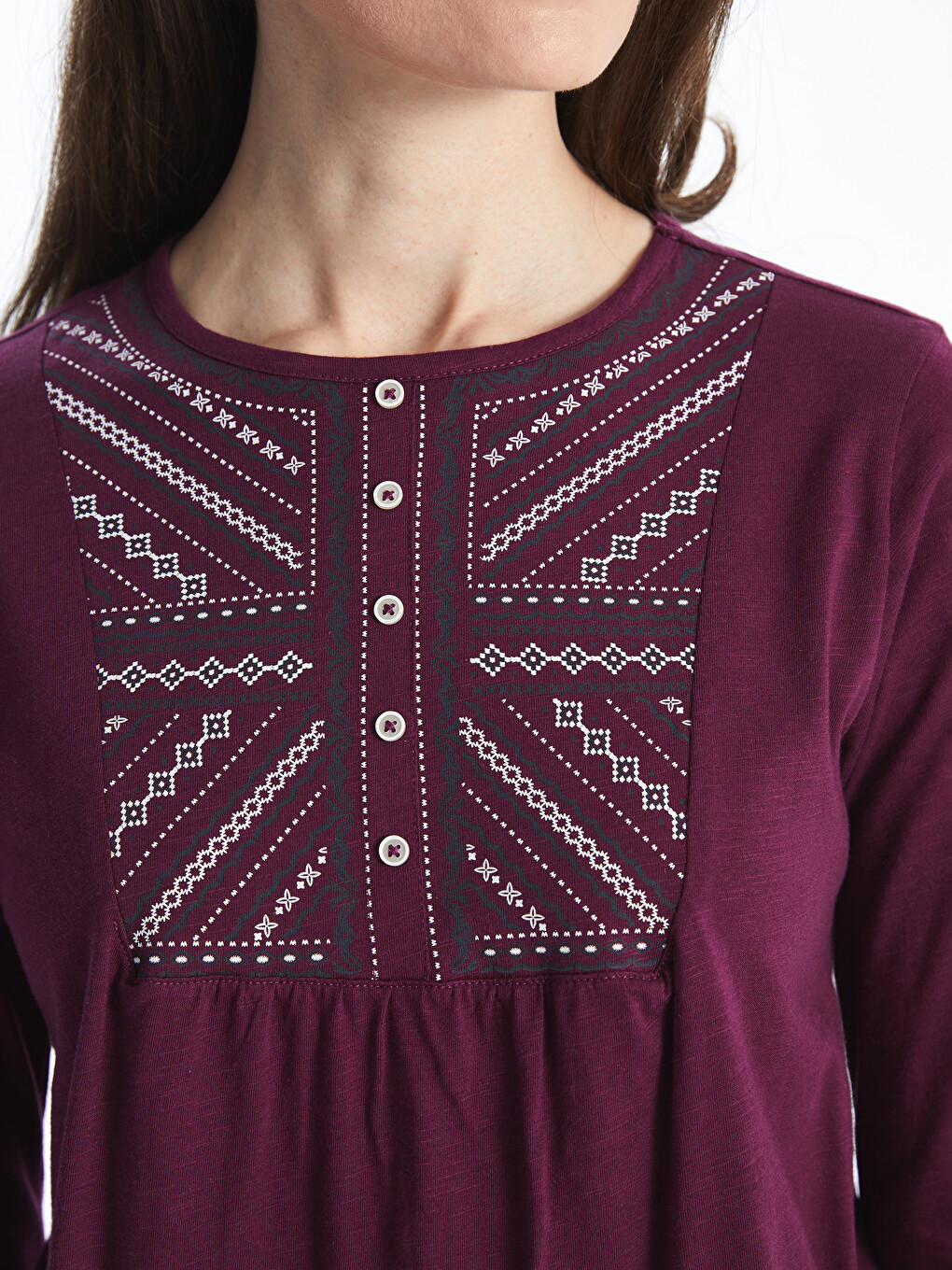 Crew Neck Embroidered Long Sleeve Women's Blouse-2