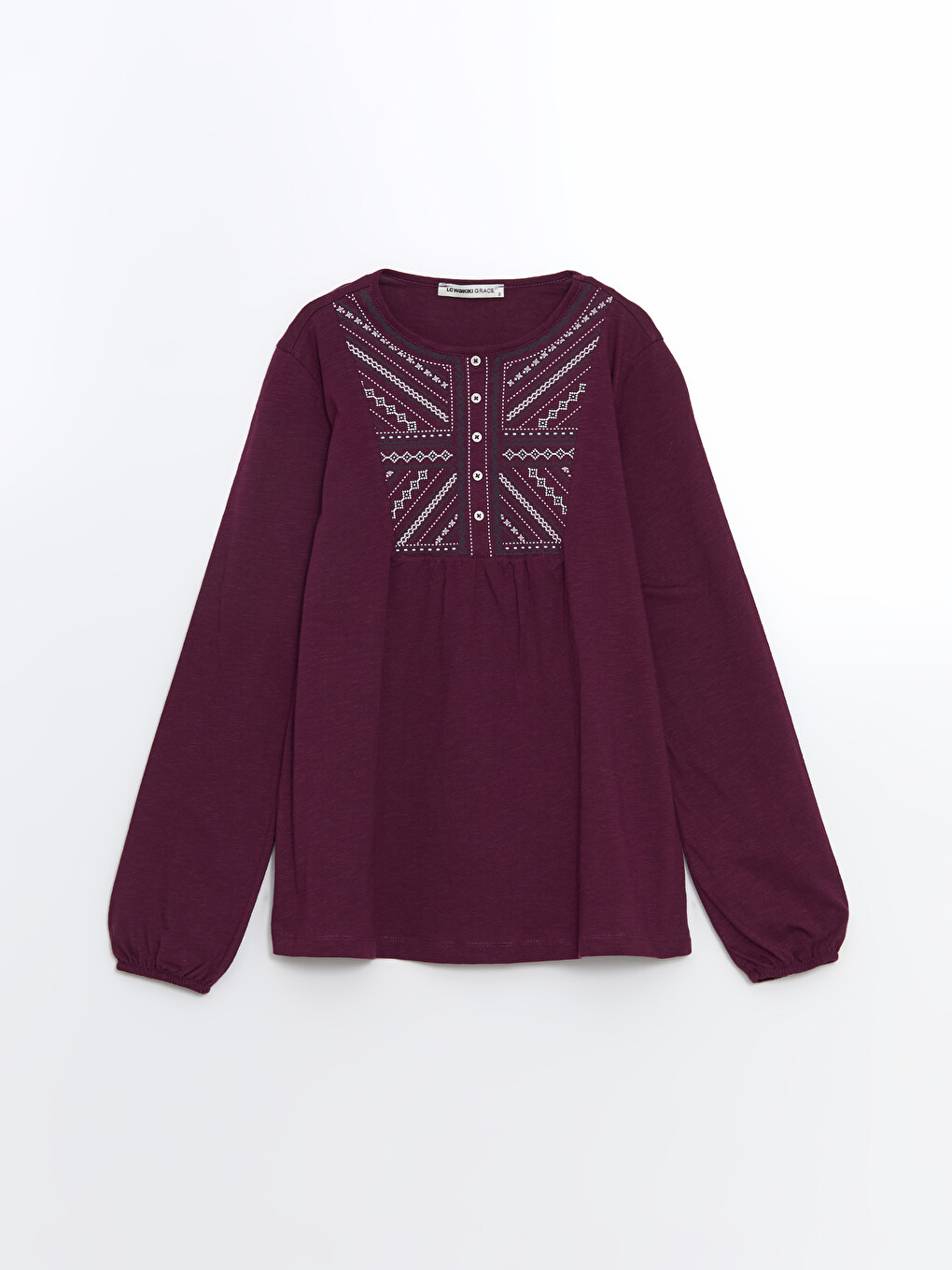 Crew Neck Embroidered Long Sleeve Women's Blouse-4