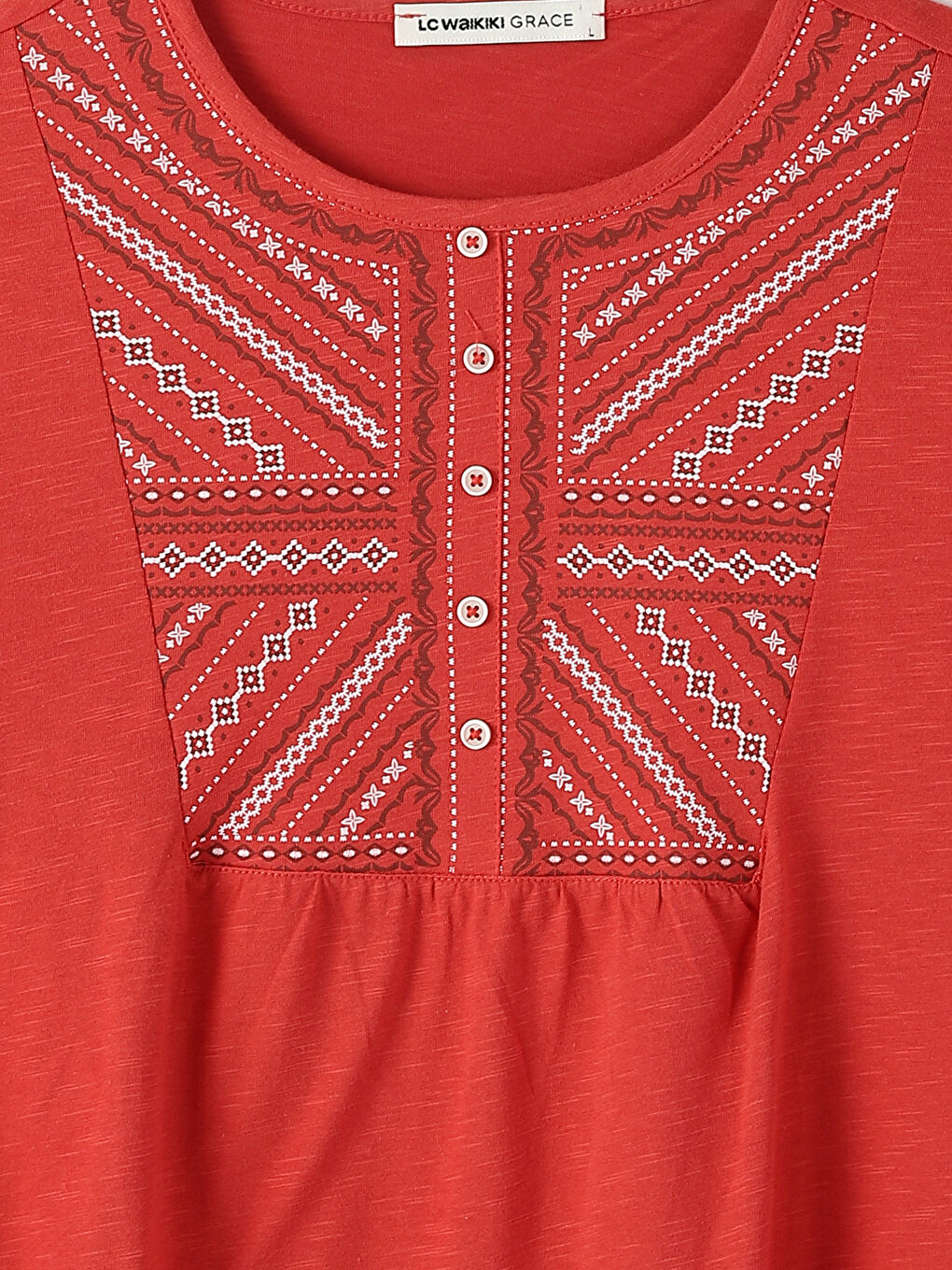 Crew Neck Embroidered Long Sleeve Women's Blouse-3