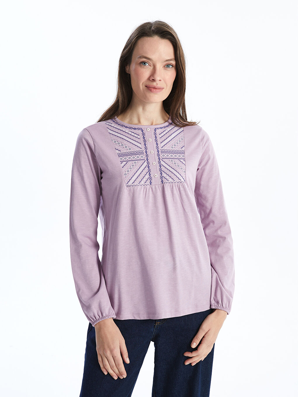 Crew Neck Embroidered Long Sleeve Women's Blouse