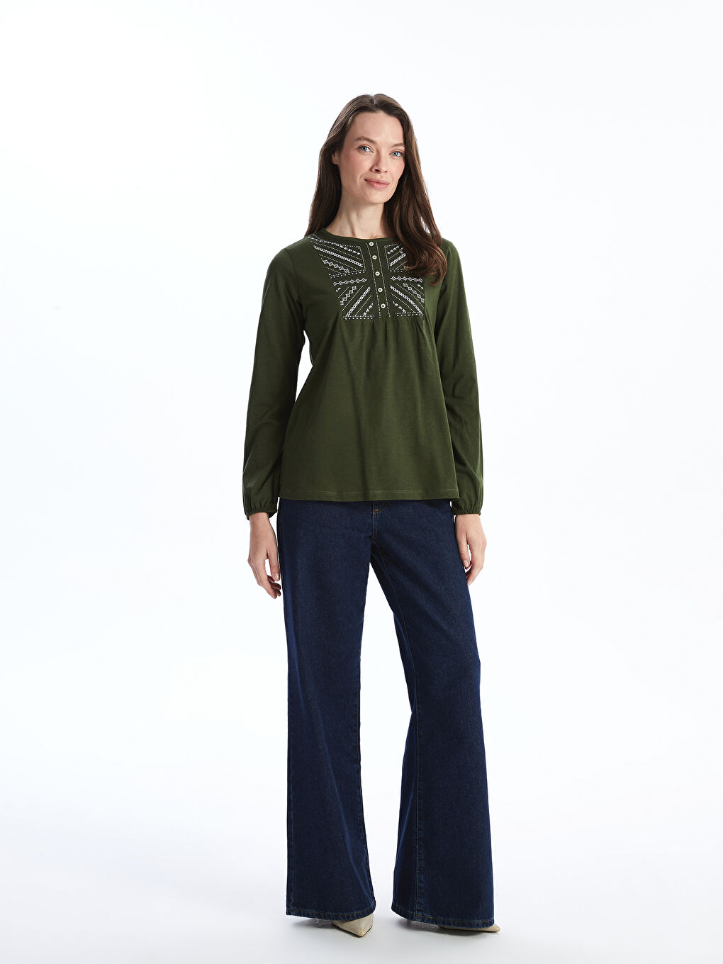 Crew Neck Embroidered Women's Blouse-1