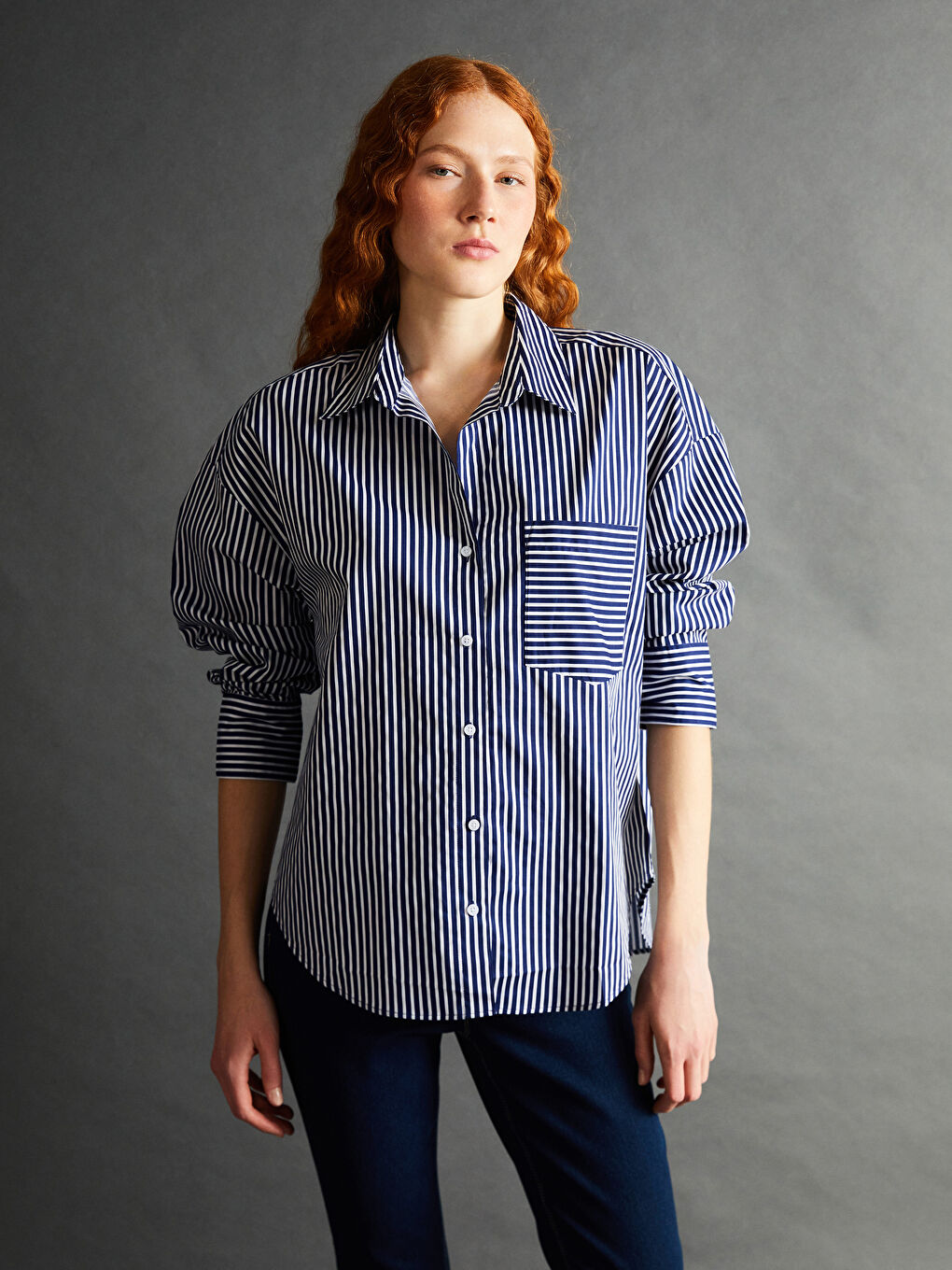 LCW Vision Striped Oversize Poplin Women's Shirt -W4IT37Z8-LEN