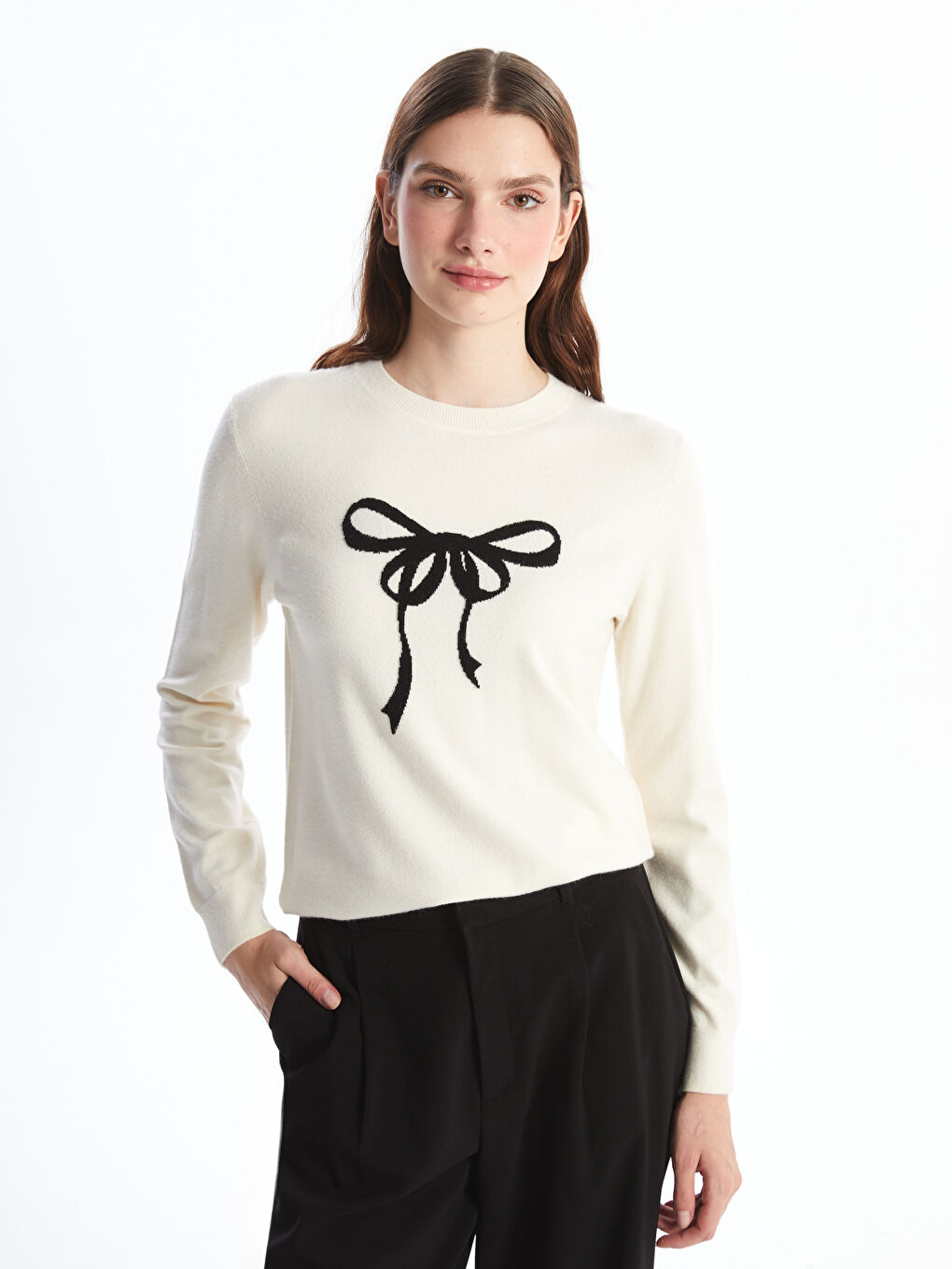 Pull-over en Tricot Imprimé Ruban Col Rond pour Femmes