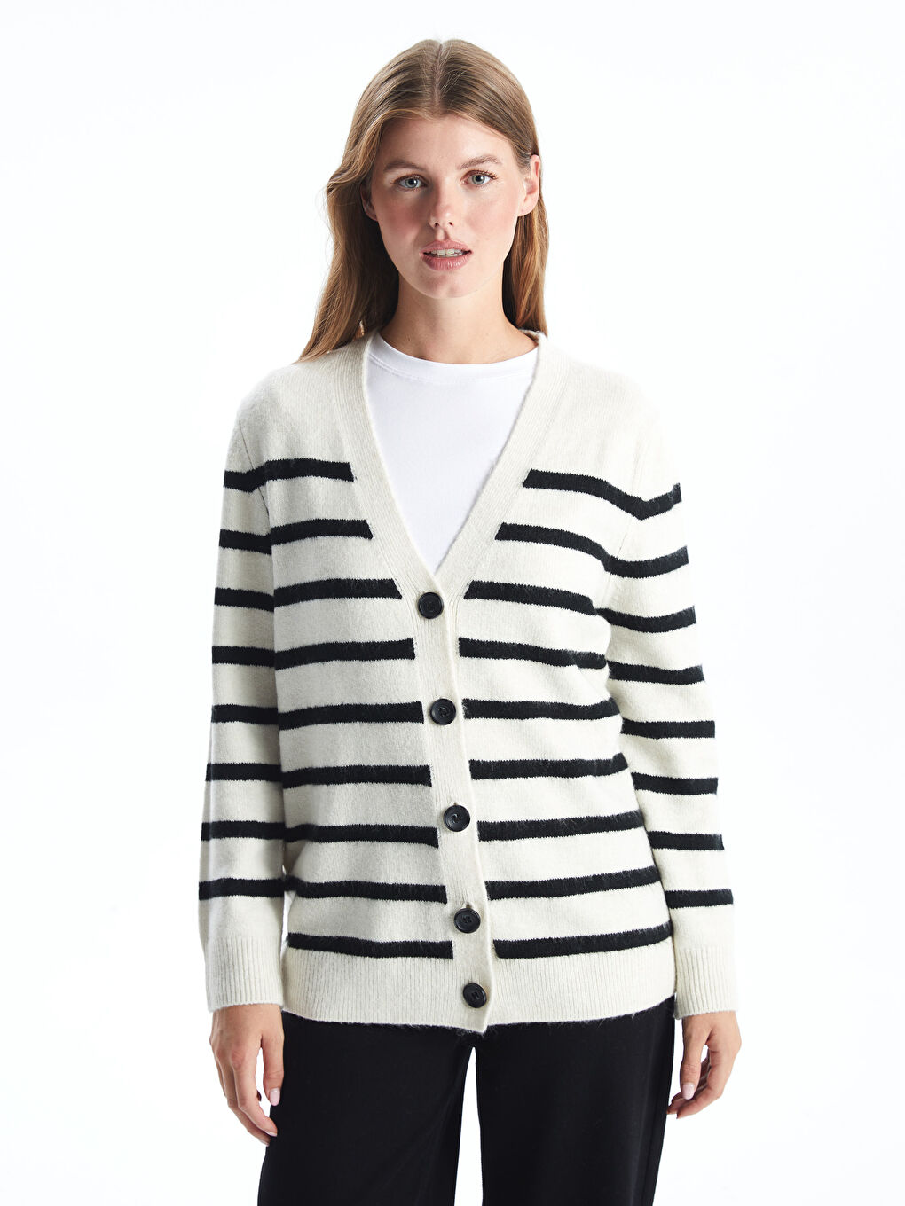 LCWAIKIKI Classic V Neck Striped Women's Knitwear Cardigan -W4IU02Z8-LEG