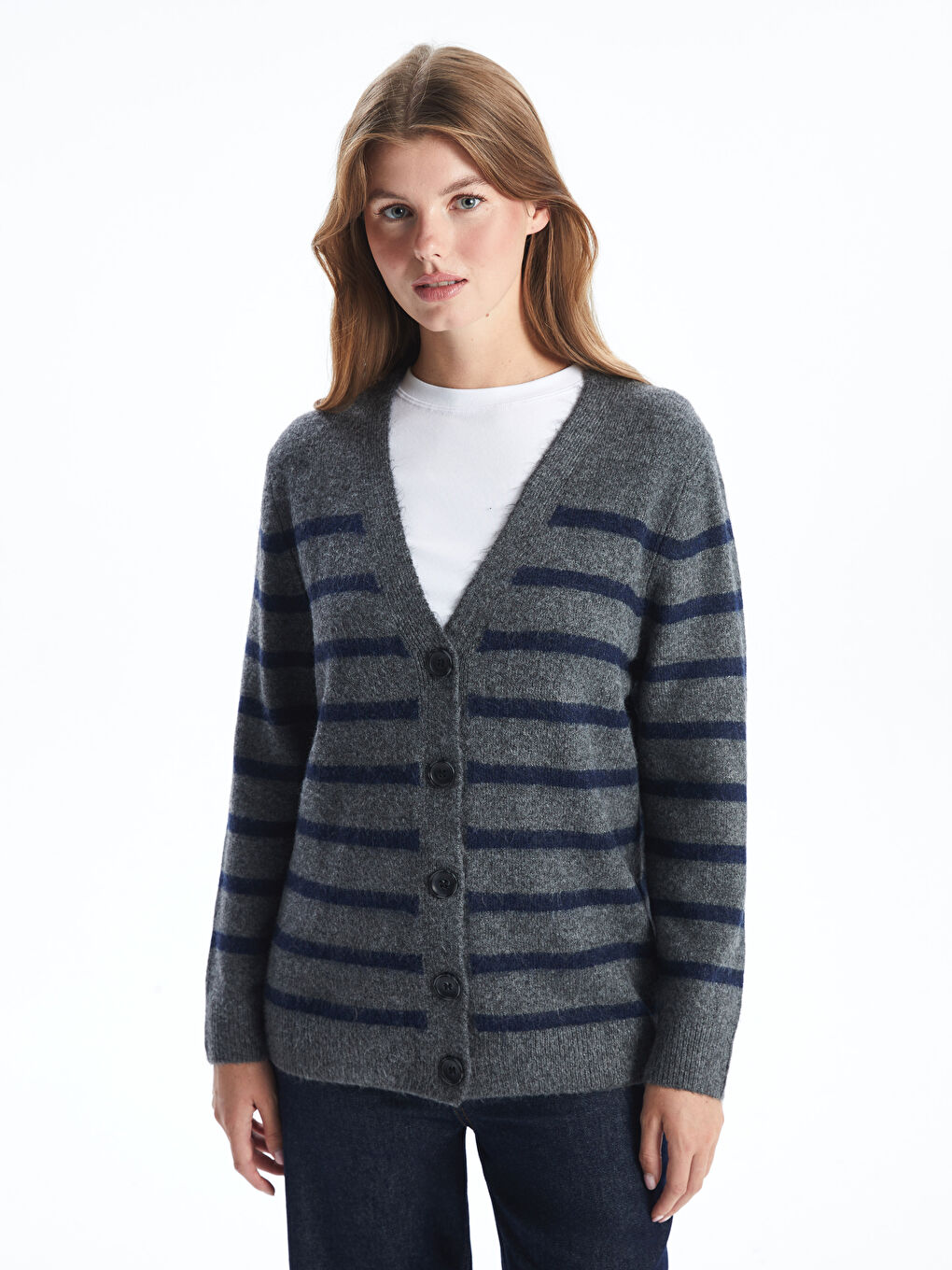 LCWAIKIKI Classic V Neck Striped Women's Knitwear Cardigan -W4IU02Z8-LGS